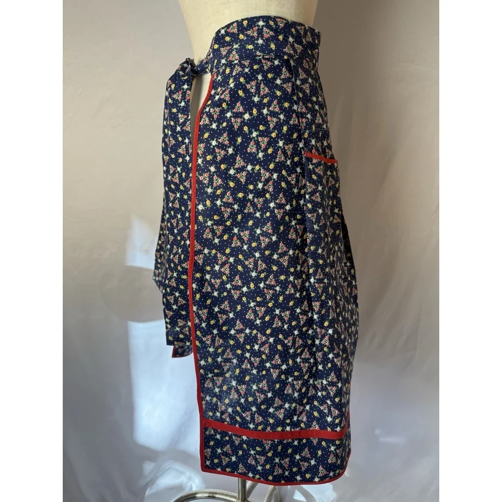 VTG 1/2 Apron Pocket Red Blue Yellow Floral Retro Feed Sack Cottage Farmhouse - Picture 4 of 9
